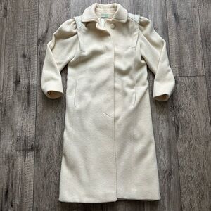 Vintage 1970s winter white wool coat with leather shoulder